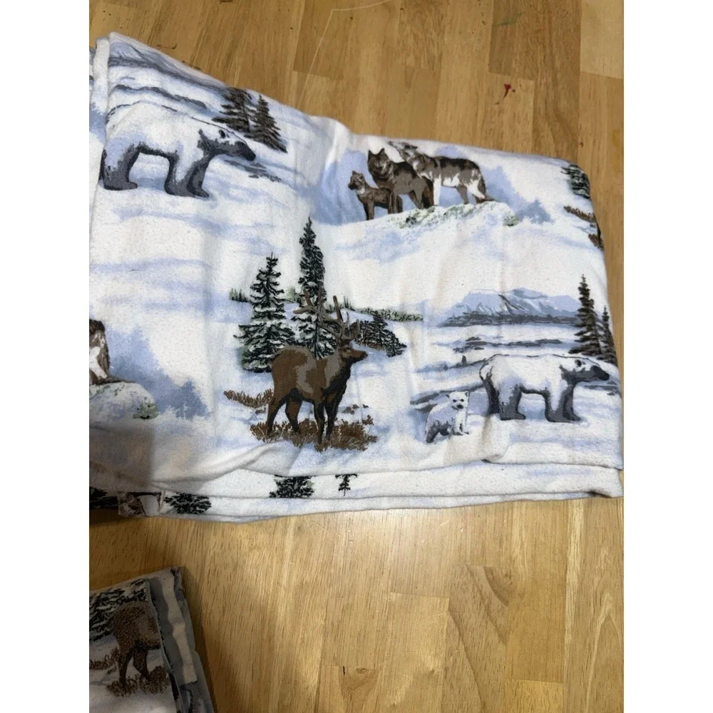 Mainstays Twin Flannel Sheet Set 3pc Wildlife Wolf Bear Elk 100% Cotton Cabin